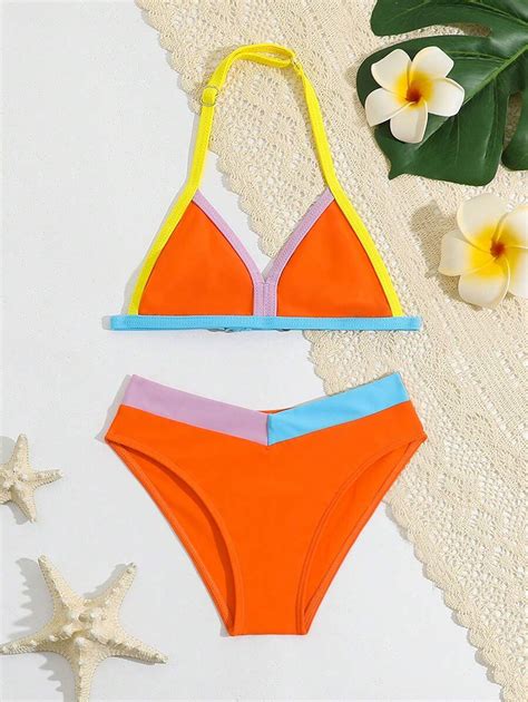 Tween Girl Colorblock Beachwear Halter Bikini Set Bathing Suit Mommy And Me Matching Outfits