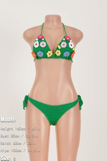 Wholesale Sexy Crochet D Flower Decor Unpadded Halter Neck Self Tie Triangle Bikini Sets