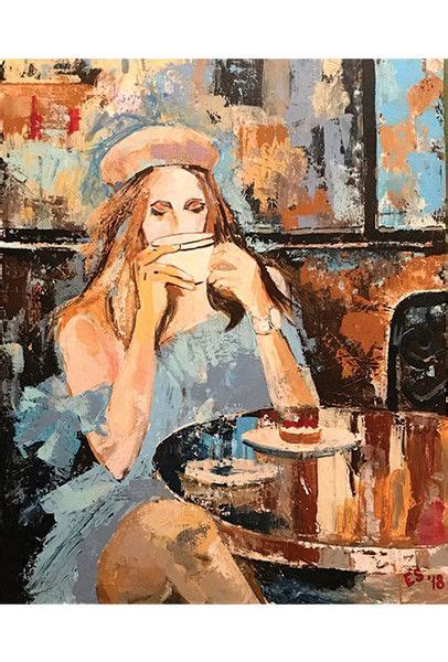 A Painting Of A Woman Sitting At A Table With A Cup In Front Of Her