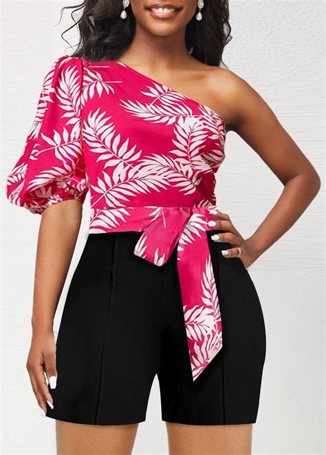 Plants Print Hot Pink Belted Bowknot Romper Rosewe Usd