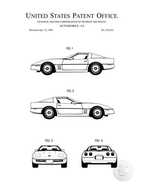 Corvette C4 1984 Gm Automobile Patent Print