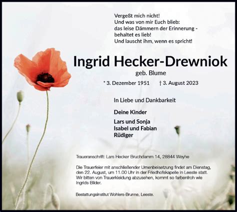 Traueranzeigen Von Ingrid Hecker Drewniok Trauer Kreiszeitung De