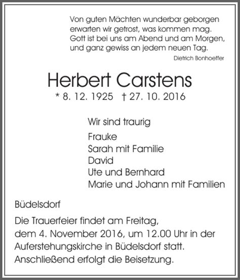 Traueranzeigen Von Herbert Carstens Sh Z Trauer