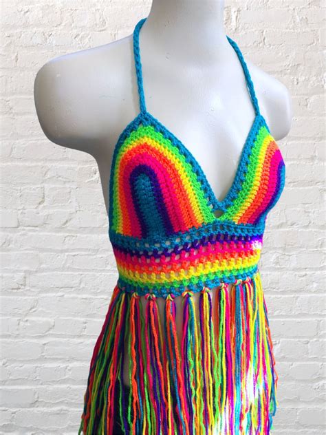 Neon Rainbow Crochet Bikini Top With Fringe Outfit For Festival Blacklight Responsive Shirt