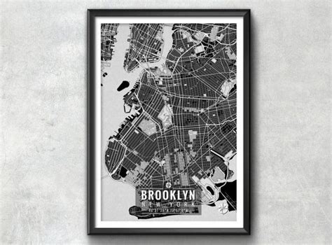 Brooklyn New York Map With Coordinates Brooklyn Wall Art Etsy Map