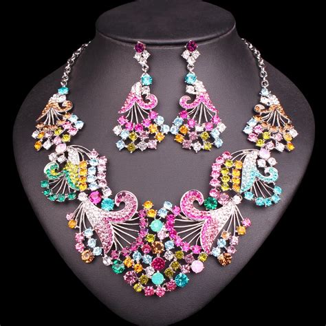 Fashion Multi Color Flowers Crystal Necklace And Earrings Set Bridal