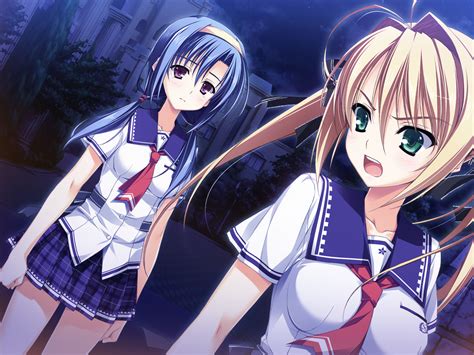 2girls Akabeisoft2 Blonde Hair Blue Hair Game Cg Green Eyes Headband Kamiyama Reika Kourin No