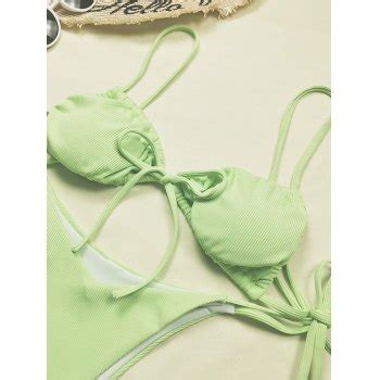 Emmiol Free Shipping 2025 Lace Up Ribbed Bikini Set Green M In Bikini Sets Online Store EMMIOL