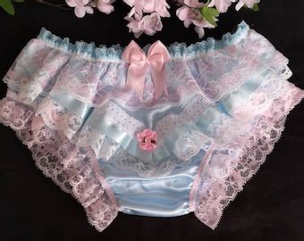Baby Blue Bikini Panties Soft Satin Sissy Knickers Pearlsribbonlacebows