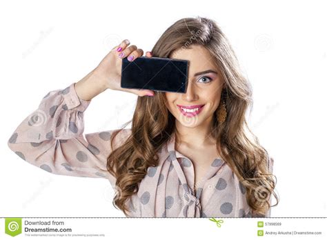 Pretty Brunette Showing Smart Phone On White Background Stock Image Image Of Phone Holding