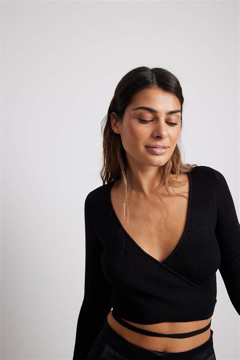 Ribbed Knitted Wrap Sweater Black Na Kd