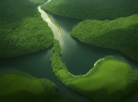 An aerial view of the Amazon Rainforest and river at the sunset as ...