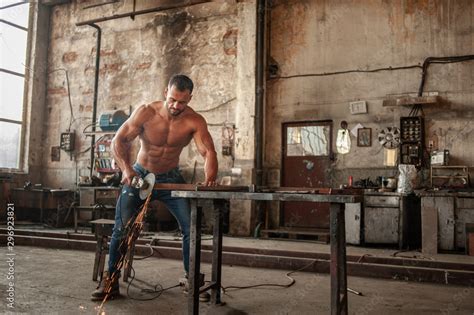 Muscled Half Naked Man At Work In An Old Factory Stock Foto Adobe Stock