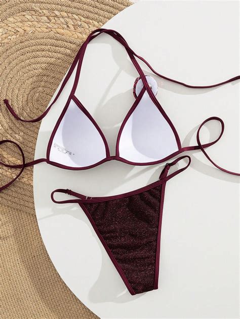 Holiday Party Metallic Glitter Push Up Bandeau Bikini Set Halter Two Pieces Sexy Bikini Set For