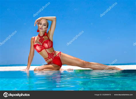 Sexy Woman Red Bikini Pool Maldives Tropical Sand Beach Glamour Stock Photo Marcink