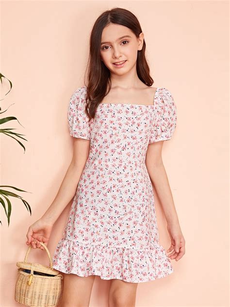 Shein Girls Puff Sleeve Ruffle Hem Ditsy Floral Dress Girls Dress