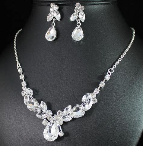 Floral Clear Austrian Rhinestone Crystal Necklace Earrings Set Bridal