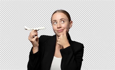 Une jeune femme d affaires blonde avec un modèle d avion PSD Gratuite