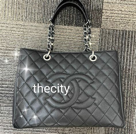 Authentic Vintage Chanel Gst Grand Shopping Tote Black Silver