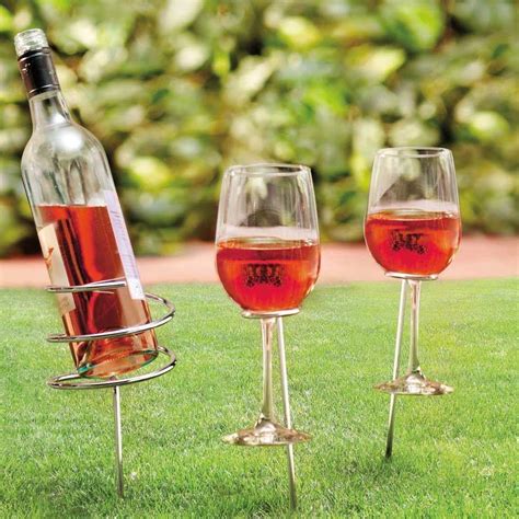Metal Spiral Wine Bottle And 2 Glass Holder Ground Stake