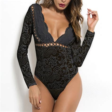 Free Shipping Hot Mesh Deep V Neck Lace Bodysuit Jkp1683 V Neck