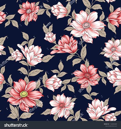 Vetor Stock De Seamless Flower Pattern On Navy Livre De Direitos