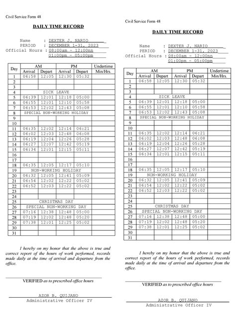 Civil Service Form Daily Time Record Civil Service Form Daily