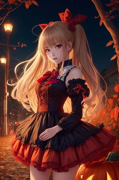 Premium AI Image Festive Halloween Elegance Blonde Anime Girl In Red