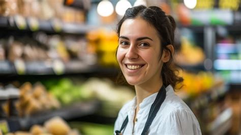 Joven Tendera Latina Con Los Brazos Cruzados Sonriendo Feliz En La Tienda De Frutas Foto Premium