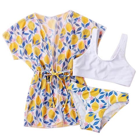 Bullpiano Girl S Tropical Print Bikini Bathing Suit With Kimono Piece