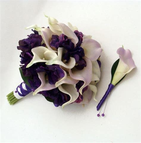 Real Touch Calla Lily Hydrangea Bridal Bouquet Groom S Boutonniere In Lilac White And Pu