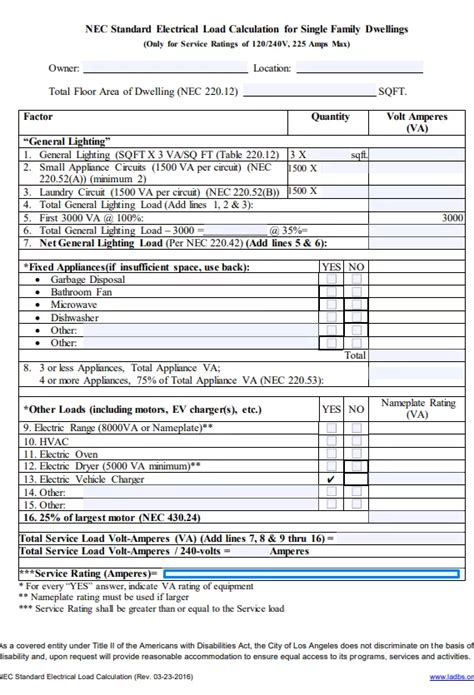 Ladbs Nec Standard Electrical Load Calculation Fill Out Forms