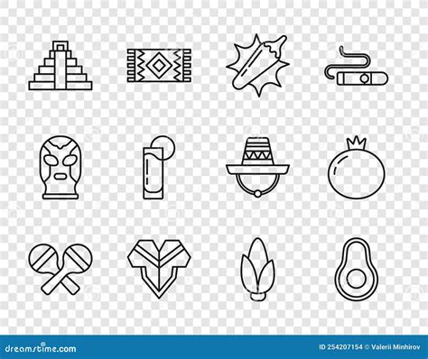 Maracas Avocado Vrucht Hot Chili Pepper Pod Poncho Chichen Itza In Mayan Tequila Glass Met