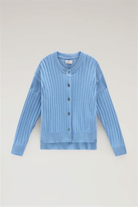 Wide Ribbed Cardigan In Pure Cotton Blue Woolrich Usa