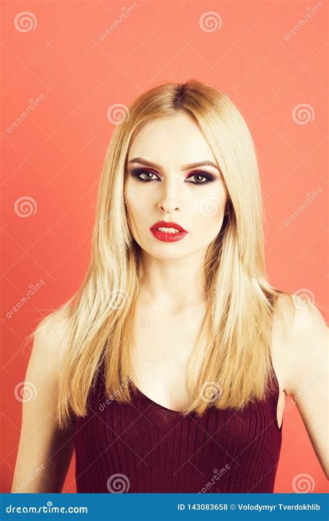 Beautiful Woman With Blonde Hair Fashionable Makeup And Red Lips Stock Photo Image Of