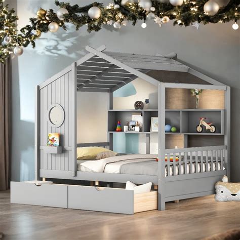 Wooden Full Size House Bed with 2 Drawers,Kids Bed with Storage Shelf ...