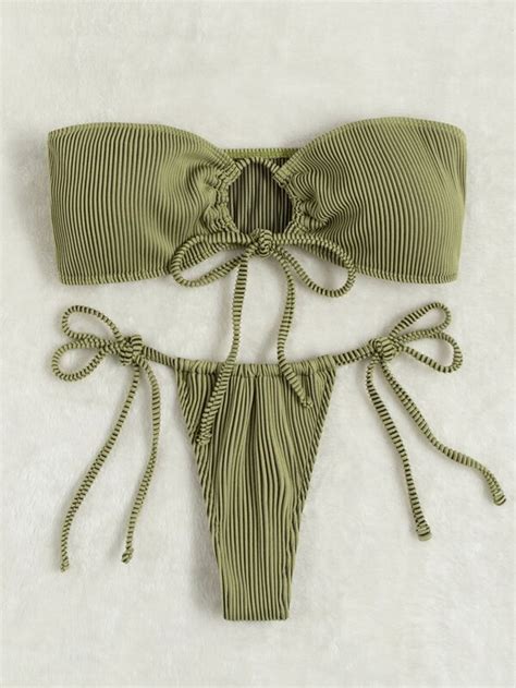 SHEIN Swim Basics Ribbed Bikini Set Tie Front Bandeau Bra Thong 2 Piece Bathing Suit SHEIN UK