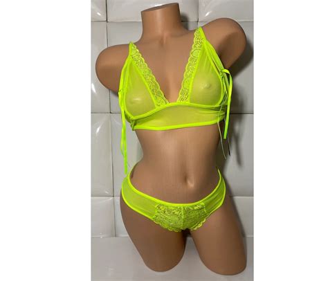 Neon Yellow Lace Lingerie Bra Panties Sexy Rave Party Go Go Exotic Dancer Style Mesh Panty
