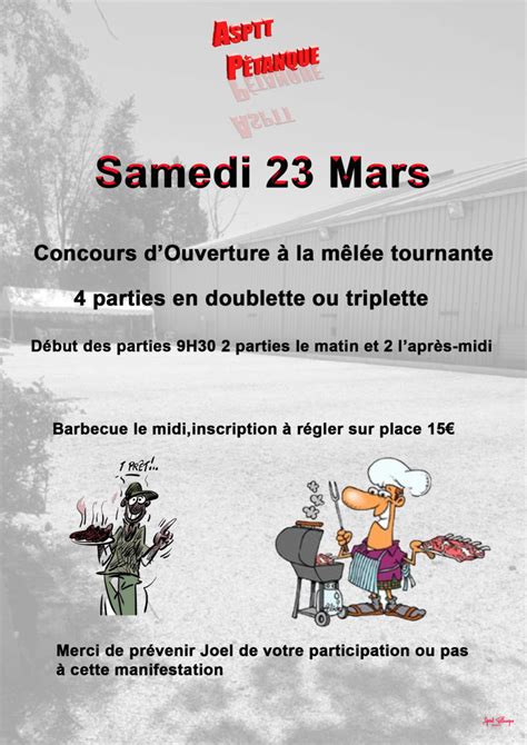 Concours d ouverture le 23 Mars à l Asptt Asptt Dijon Pétanque