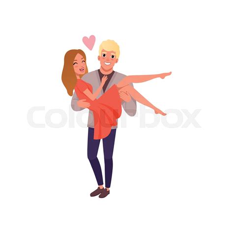 Young Man Carrying Woman On Hands Happy Romantic Loving Couple On Date