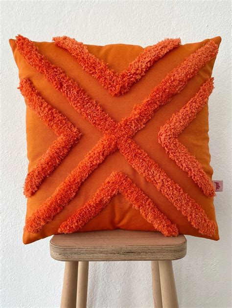 Galia Tasarim Handmade Punch Embroidered Pillow Cover With Orange And