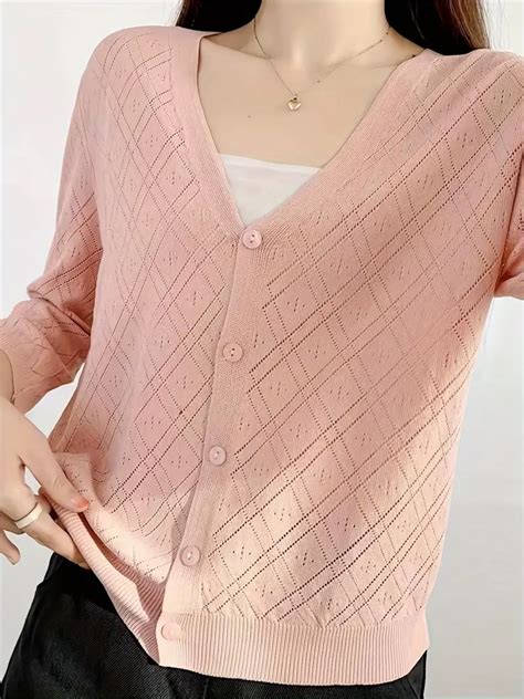 Eyelet Button Front Knit Cardigan Casual V Neck Solid Temu