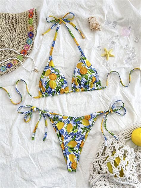 Shein Wywh Women S Lemon Fruit Print Tie Up Bikini Piece Set Vacation For Sale Australia New