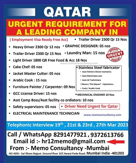 Urgently required for Qatar - Ready visa