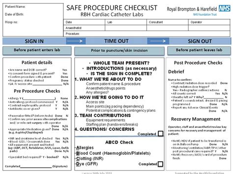 safe procedure checklist   cardiac catheterisation