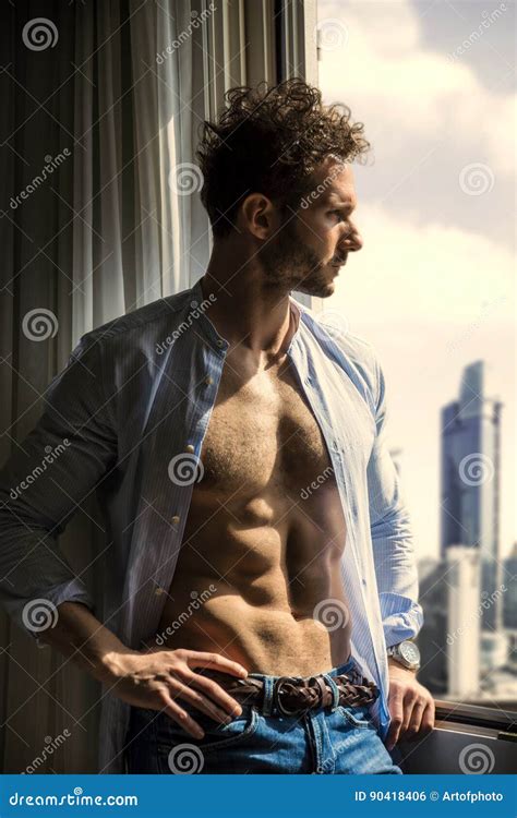 Men Muscular Chest Naked Torso Stand Sky Background Strong Muscles Emphasize Masculinity