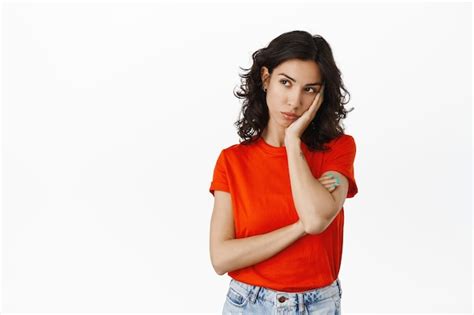 Free Photo Sad And Gloomy Brunette Woman Lean On Hand Looking Aside