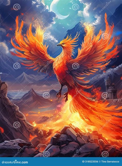 Mythical Creature Bird Phoenix Perches on Rock Amidst Flames in CG ...
