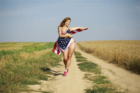 Woman In American Flag Bikini In A Wheat Field Stock Image Image Of Flag Patriot
