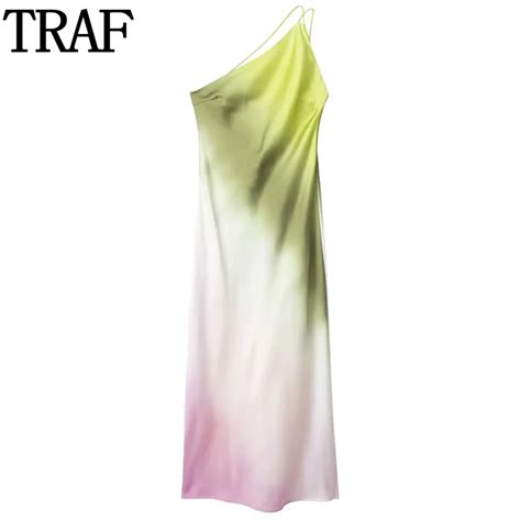 Traf Tie Dye Dress Woman Asymmetric Off Shoulder Satin Midi Dress Print